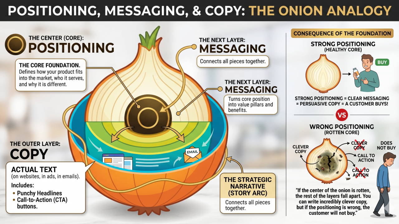Diagram showing product positioning as the core layer that supports messaging, copy, and narrative