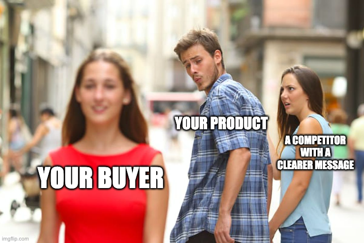 Distracted boyfriend meme where the buyer turns away from your product toward a competitor with a clearer message
